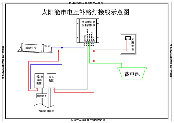 市電互補(bǔ)太陽(yáng)能雙頭2*10W庭院路燈接線(xiàn)示意圖